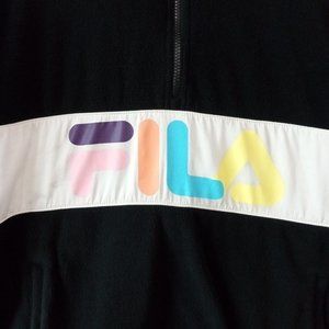 VTG FILA Men's Fleece Pullover 1/4 Zip Black White Colorful Spell Out 90s Size L